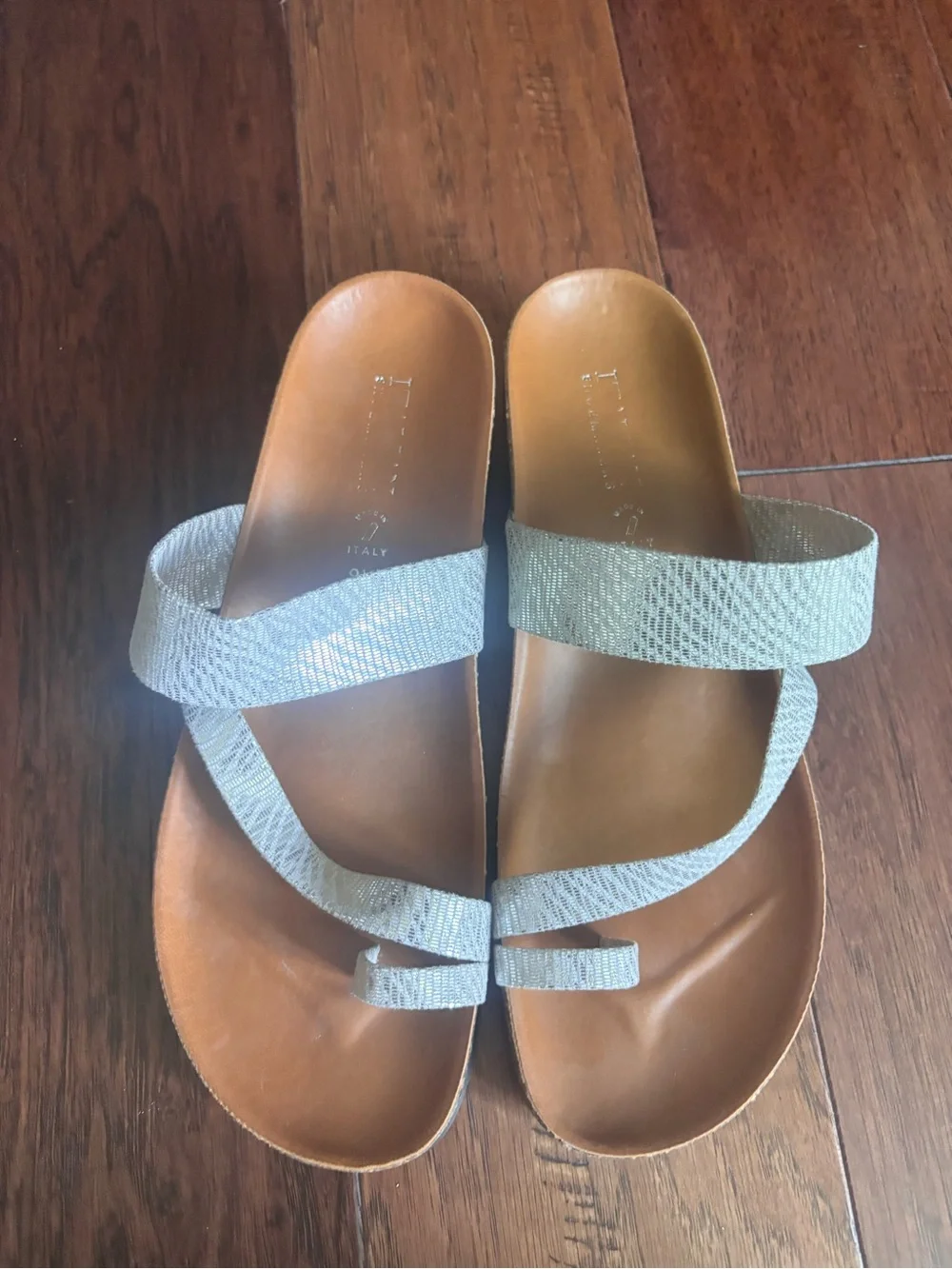 Women's Size 9.5 Metallic Light Gray Strappy Slide Sandals Made In Italy